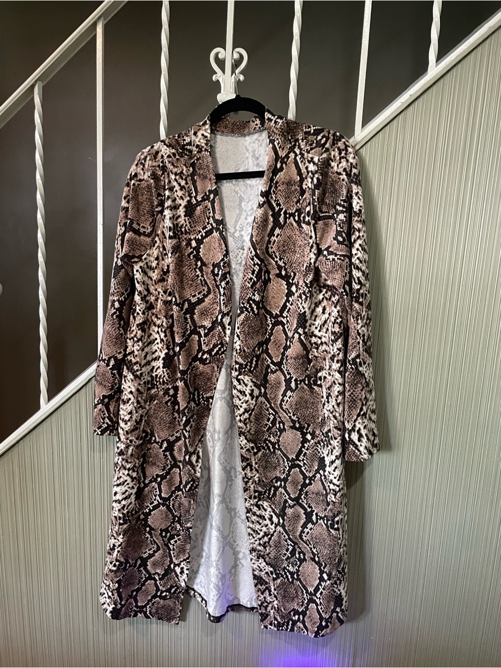 Snakeskin Duster Cardigan Large Brown Python Print Long Open Front Jacket L